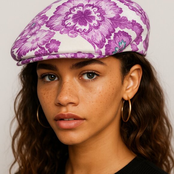 *Authentic! BURBERRY Floral Newsboy Cap Hat - Purple White COA - Picture 2 of 12